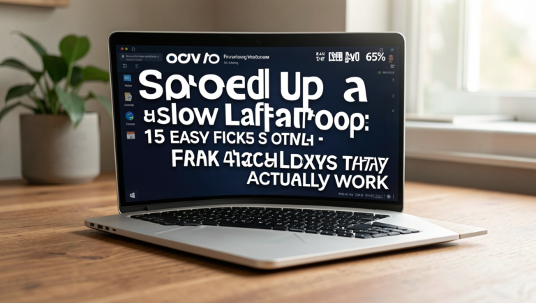 Close-up of a laptop with a speedometer graphic, symbolizing performance enhancement.