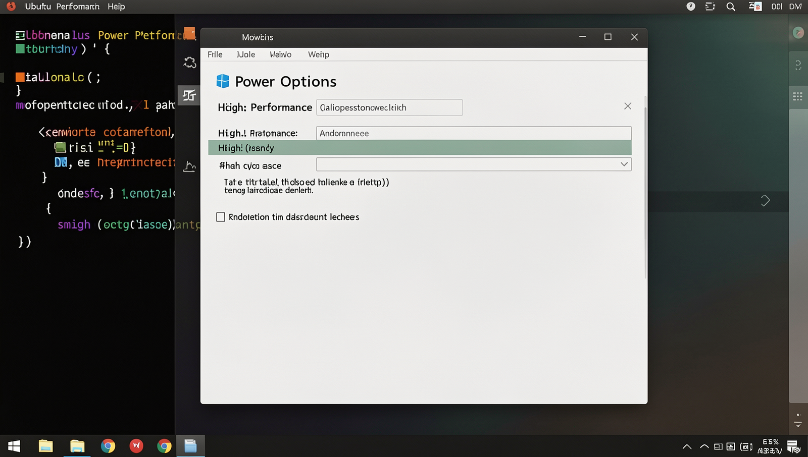 Power Options menu screenshot with High Performance selected on Linux desktop.