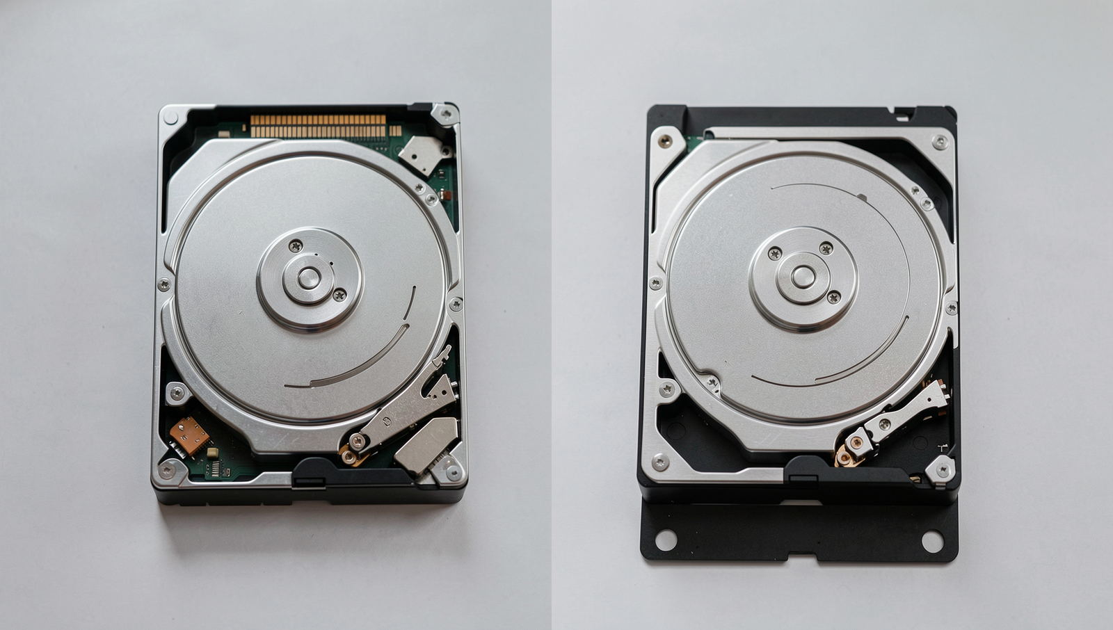 Comparison of SSD and HDD technologies with detailed visuals and natural lighting.