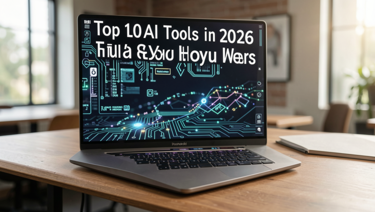 A modern workspace showcasing advanced AI tools for productivity in 2026.