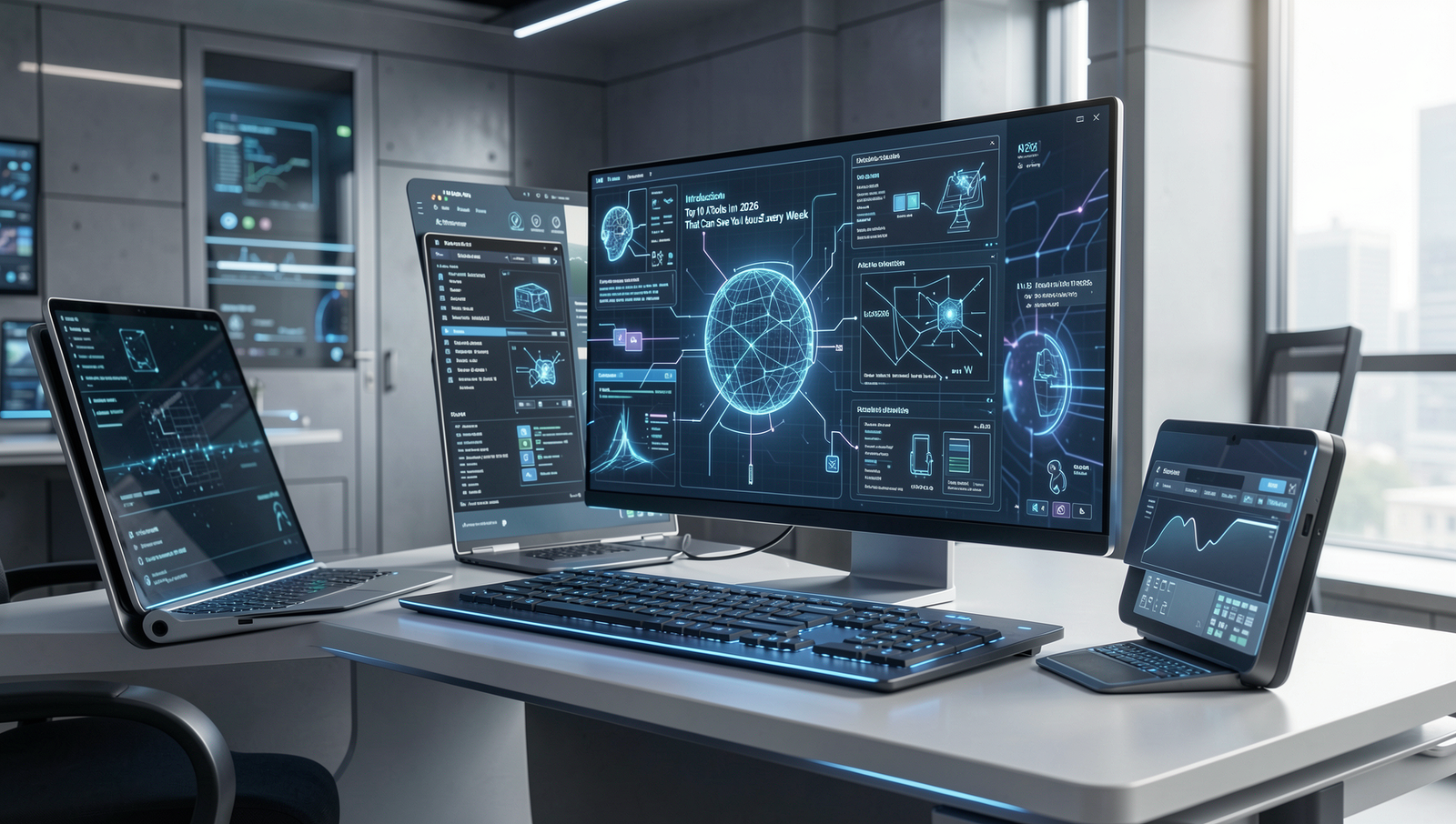 Futuristic workspace featuring advanced AI tools in a realistic setting.