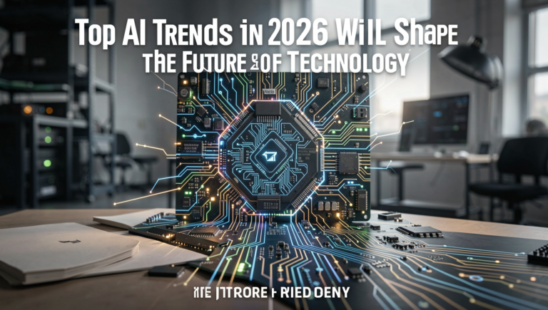 A futuristic technology scene showcasing AI advancements in 2026.
