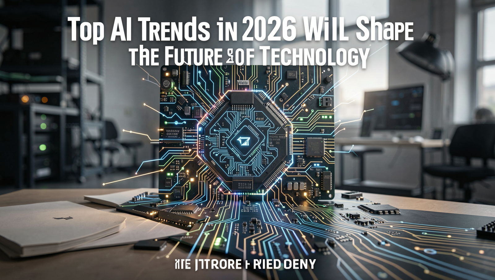 A futuristic technology scene showcasing AI advancements in 2026.