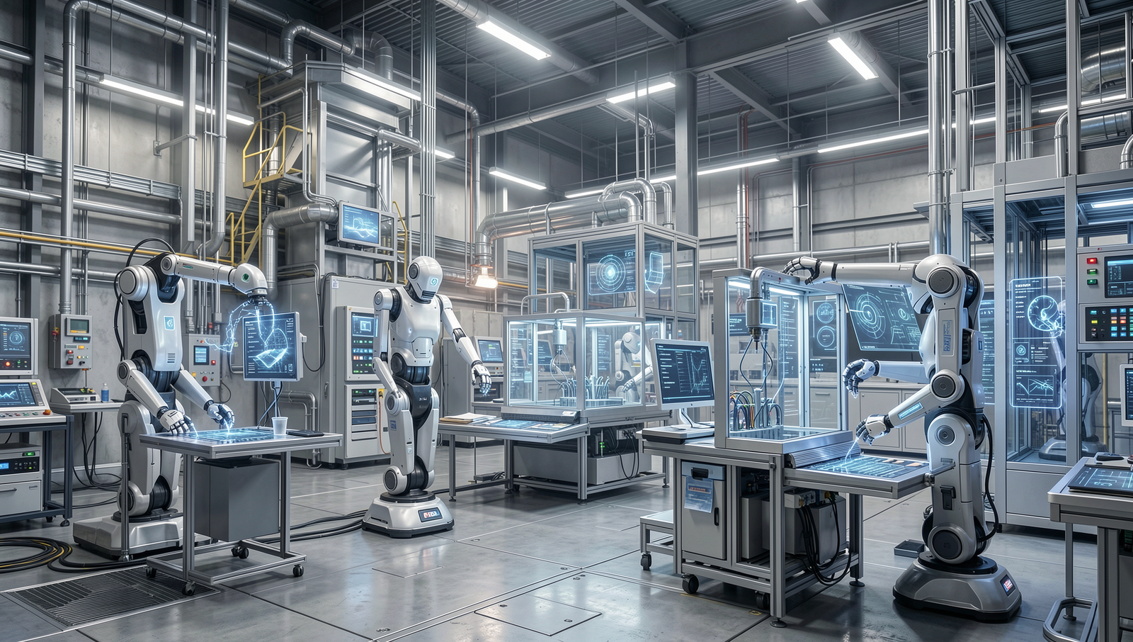 Futuristic factory with robots and AI systems collaborating in a high-tech environment.
