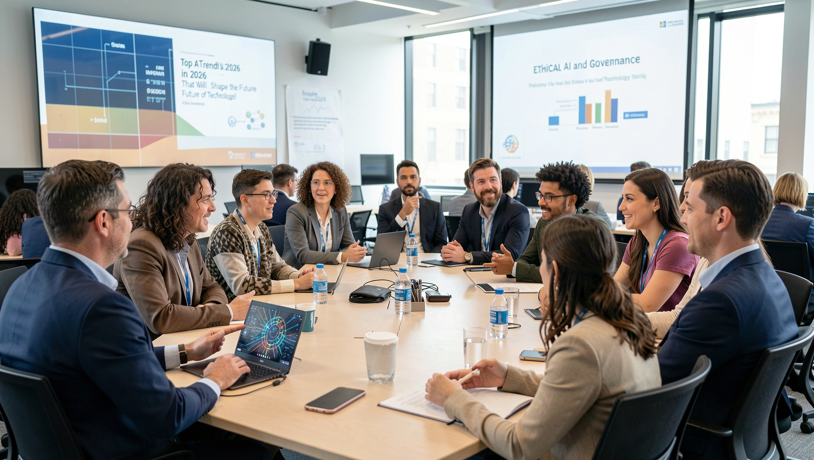 Diverse group discussing AI ethics at a conference on technology trends.