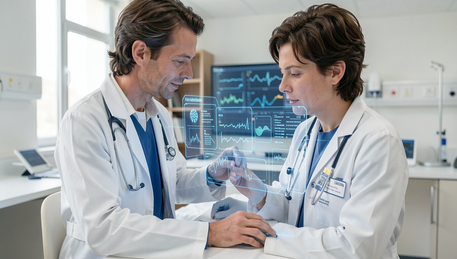 Doctor analyzing patient data with AI technology in a modern healthcare setting.