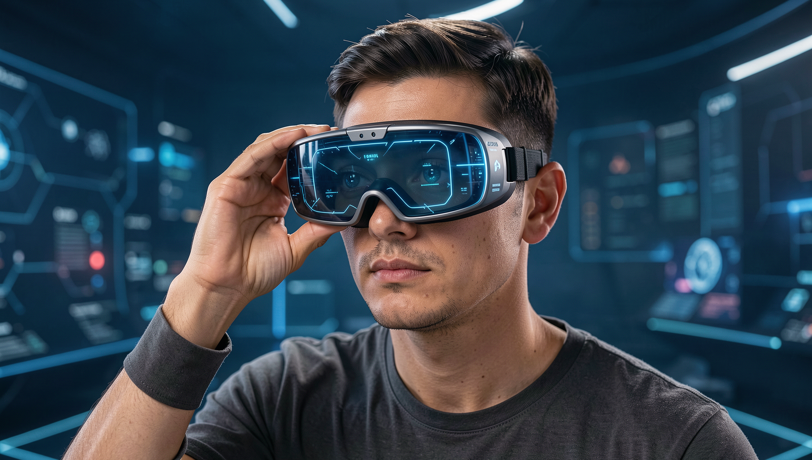 Person wearing AR glasses in a virtual environment showcasing AI features.