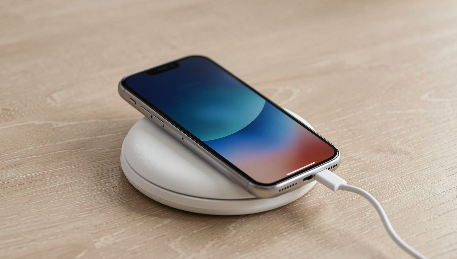 Smartphone charging on a wireless pad with natural lighting and sharp focus.