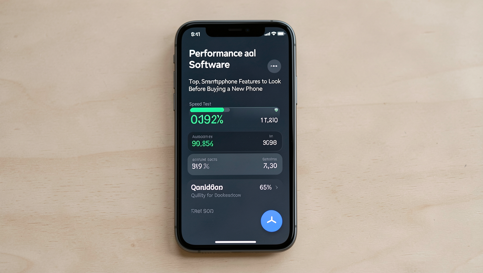 Smartphone screen showing a detailed speed test result in natural lighting.