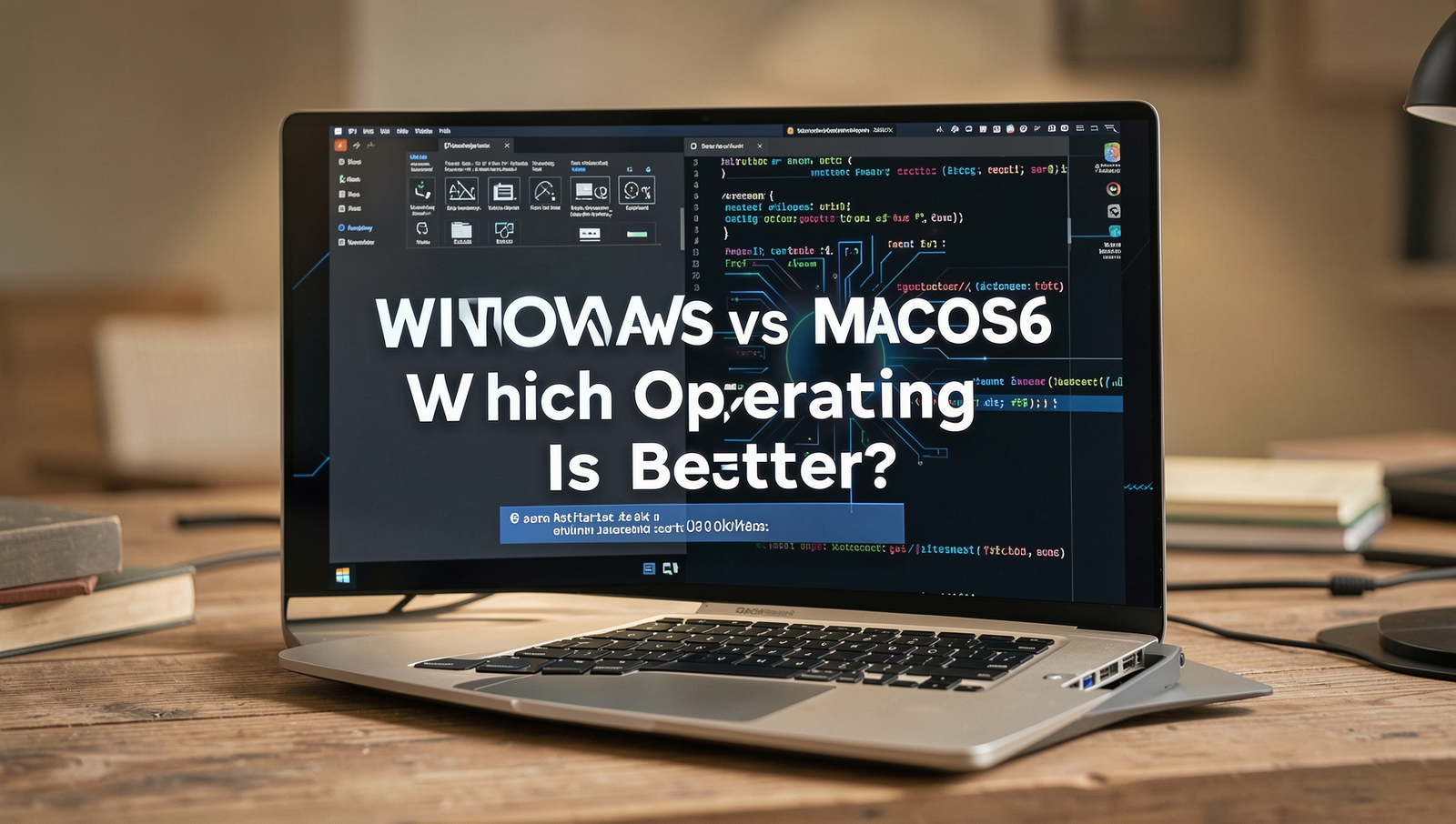 Comparison of Windows and macOS operating systems in a modern workspace setting.
