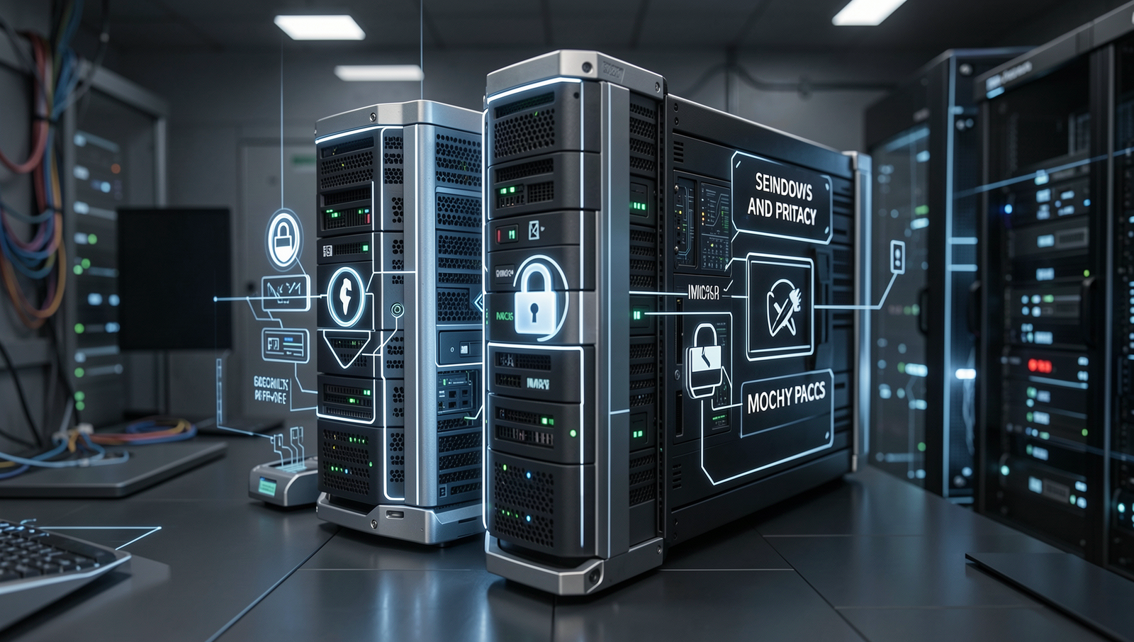 Detailed visual representation of firewalls and encryption for security features.
